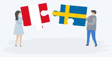 Perulu ve İsveç bayrakları ile iki bulmaca parçaları tutan çift. Peru ve İsveç ulusal sembolleri birlikte.