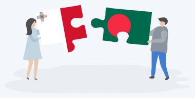 Malta ve Bangladeş bayrakları ile iki bulmaca parçaları tutan çift. Malta ve Bangladeş ulusal sembolleri birlikte.