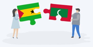 Çift Sao Tomean ve Maldiv bayrakları ile iki bulmaca parçaları tutan. Sao Tome ve Principe ve Maldivler ulusal semboller birlikte.