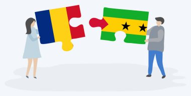Romen ve Sao Tomean bayrakları ile iki bulmaca parçaları tutan çift. Romanya ve Sao Tome ve Principe ulusal sembolleri birlikte.