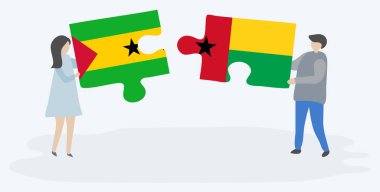 Sao Tomean ve Bissau-Gine bayrakları ile iki bulmaca parçaları tutan çift. Sao Tome ve Principe ve Gine-Bissau ulusal sembolleri birlikte.