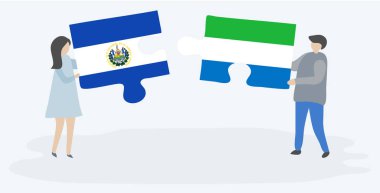 Salvador ve Sierra Leone bayrakları ile iki bulmaca parçaları tutan çift. El Salvador ve Sierra Leone ulusal sembolleri birlikte.