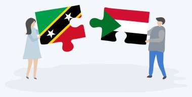 Kittiti ve Sudan bayrakları ile iki bulmaca parçaları tutan çift. Saint Kitts, Nevis ve Sudan ulusal sembolleri birlikte.