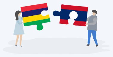 Çift Moritanya ve Lao bayrakları ile iki bulmaca parçaları tutan. Mauritius ve Laos ulusal sembolleri birlikte.