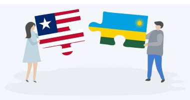 Liberya ve Ruanda bayrakları ile iki bulmaca parçaları tutan çift. Liberya ve Ruanda ulusal sembolleri birlikte.