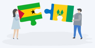 Sao Tomean ve Vincentian bayrakları ile iki bulmaca parçaları tutan çift. Sao Tome ve Principe ve Saint Vincent ve Grenadinler birlikte ulusal semboller.