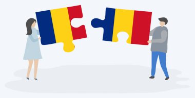 Romen ve Romen bayrakları ile iki bulmaca parçaları tutan çift. Romanya ve Romanya ulusal sembolleri bir arada.