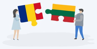 Romen ve Litvanya bayrakları ile iki bulmaca parçaları tutan çift. Romanya ve Litvanya ulusal sembolleri birlikte.