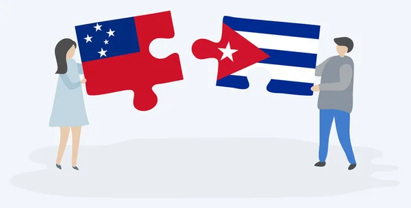 Pareja Sosteniendo Dos Piezas Rompecabezas Con Banderas Samoa Cuba Samoa — Vector de stock