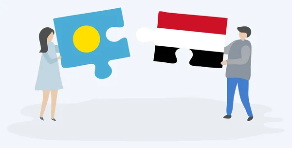 Pareja Sosteniendo Dos Piezas Rompecabezas Con Banderas Palao Yemení Palau — Archivo Imágenes Vectoriales