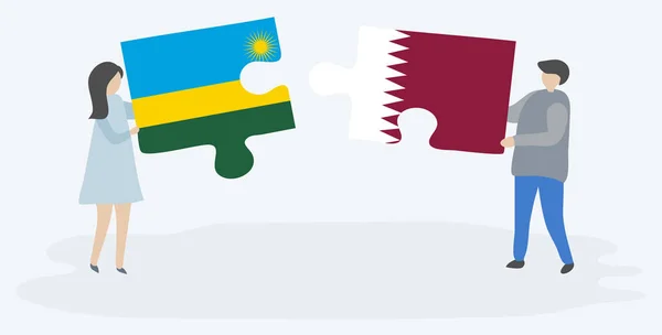 Paar Met Twee Puzzels Stukken Met Rwandan Qatari Vlaggen Rwanda — Stockvector