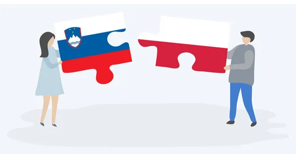 一对夫妇拿着两个拼图 上面挂着斯洛文尼亚和波兰国旗 斯洛文尼亚和波兰国家符号在一起 — 图库矢量图片
