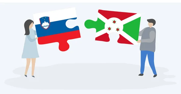 Paar Houden Twee Puzzels Stukken Met Sloveense Burundian Vlaggen Slovenië — Stockvector