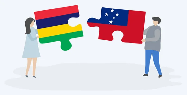 Ζευγάρι Που Κρατά Δύο Κομμάτια Παζλ Σημαίες Μαυρικίου Και Σαμόα — Διανυσματικό Αρχείο