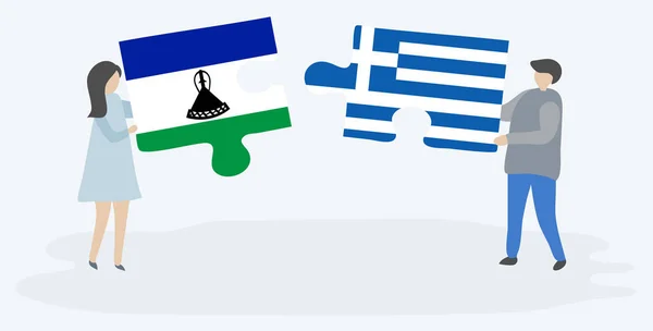 Paar Houden Twee Puzzels Stukken Met Basotho Griekse Vlaggen Lesotho — Stockvector