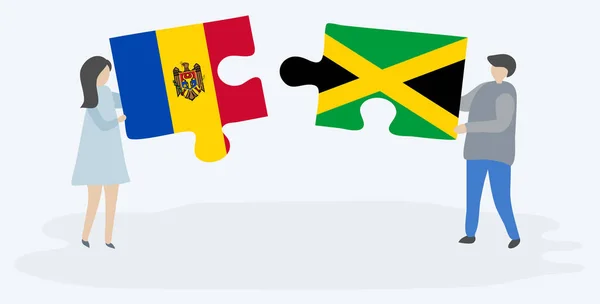 Couple Tenant Deux Pièces Puzzles Avec Des Drapeaux Moldaves Jamaïcains — Image vectorielle