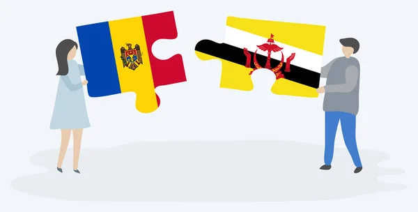 Pareja Sosteniendo Dos Piezas Rompecabezas Con Banderas Moldavas Bruneanas Moldavia — Vector de stock