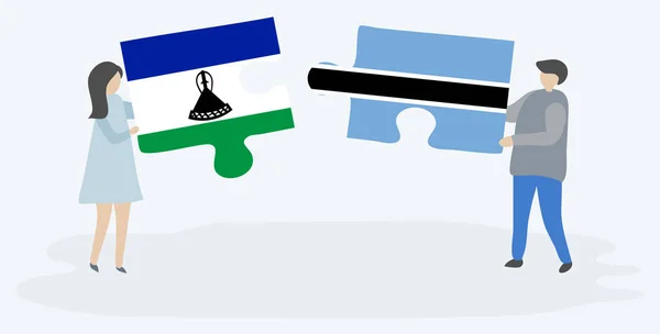 Couple Holding Two Puzzles Pieces Basotho Motswana Flags Lesotho Botswana — Stock Vector