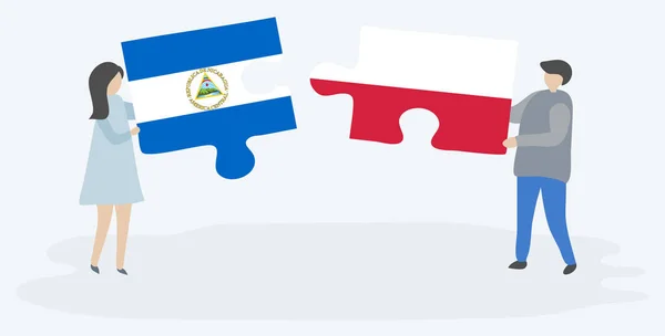 Para Trzymania Dwóch Puzzli Nikaragii Polskich Flag Nikaragua Polska Symbole — Wektor stockowy