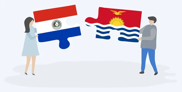 Casal Segurando Duas Peças Quebra Cabeças Com Bandeiras Paraguaias Kiribati —  Vetores de Stock