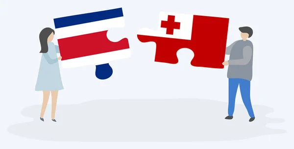 Paar Houden Twee Puzzels Stukken Met Costa Ricaanse Tongaanse Vlaggen — Stockvector