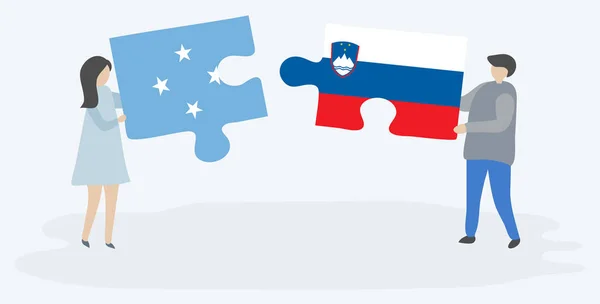Paar Houden Twee Puzzels Stukken Met Micronesian Sloveense Vlaggen Micronesia — Stockvector