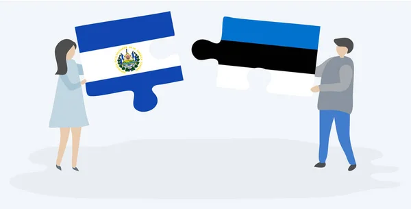 Couple Holding Two Puzzles Pieces Salvadoran Estonian Flags Salvador Estonia — Stock Vector