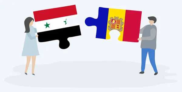 Casal Segurando Duas Peças Quebra Cabeças Com Bandeiras Sírias Andorranas — Vetor de Stock