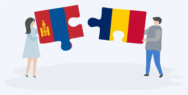 Pár Jich Drží Dvě Skládanky Mongolskými Chadianskými Vlajkami Mongolsko Čadu — Stockový vektor