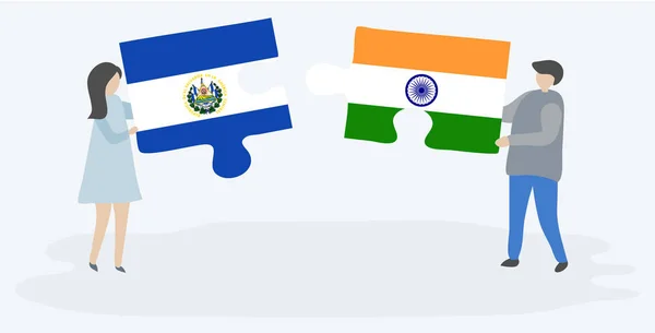 Paar Houden Twee Puzzels Stukken Met Salvadoraanse Indische Vlaggen Salvador — Stockvector
