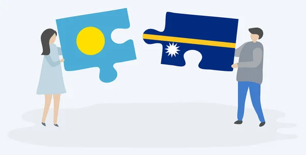 Пара Держащая Две Головоломки Флажками Палау Науру Палау Науру Вместе — стоковый вектор