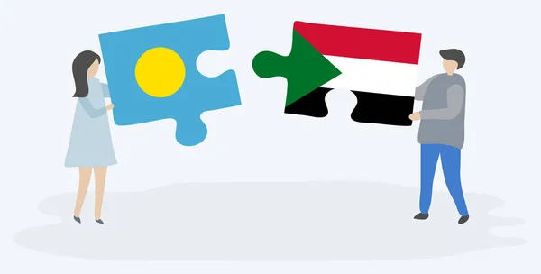 Para Trzyma Dwa Kawałki Puzzli Palauan Sudanu Flagi Palau Sudan — Wektor stockowy