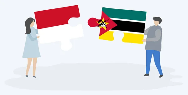 Ζευγάρι Που Κρατά Δύο Κομμάτια Παζλ Σημαίες Του Μονακό Και — Διανυσματικό Αρχείο