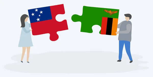 Paar Houden Twee Puzzels Stukken Met Samoaanse Zambiaanse Vlaggen Samoa — Stockvector