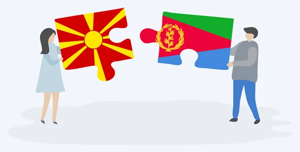 Casal Segurando Duas Peças Quebra Cabeças Com Bandeiras Macedônia Eritreia — Vetor de Stock