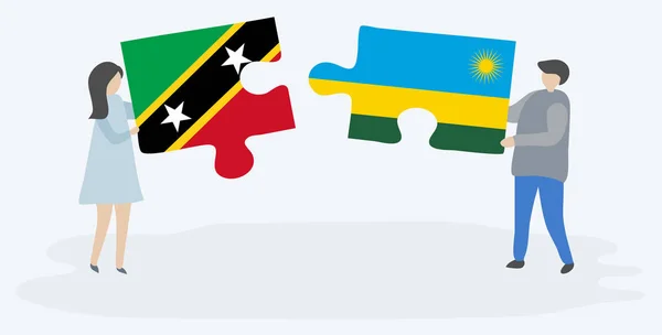 Couple Holding Two Puzzles Pieces Kittitian Rwandan Flags Saint Kitts — Stock Vector