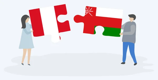 Paar Houden Twee Puzzels Stukken Met Peruaanse Omaanse Vlaggen Peru — Stockvector