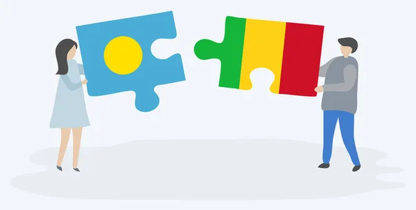 Couple Holding Two Puzzles Pieces Palauan Malian Flags Palau Mali — Stock Vector