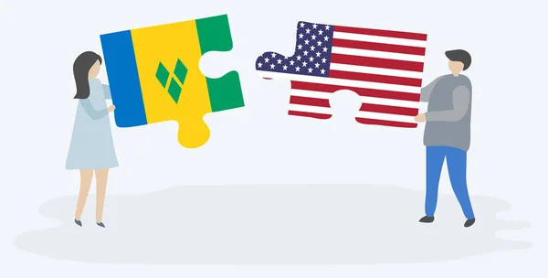 Paar Houden Twee Puzzels Stukken Met Vincentian Amerikaanse Vlaggen Saint — Stockvector