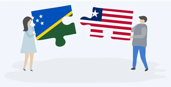 Paar Houden Twee Puzzels Stukken Met Solomon Eiland Liberiaanse Vlaggen — Stockvector