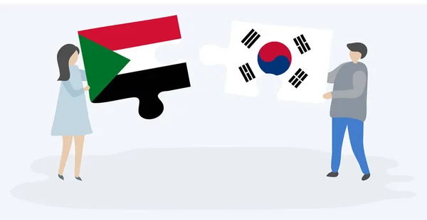 Coppia Contenente Due Pezzi Puzzle Con Bandiere Sudanesi Sudcoreane Sudan — Vettoriale Stock