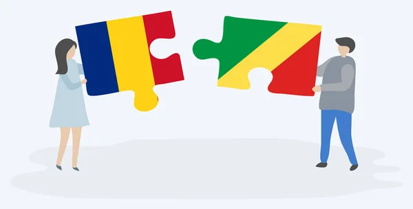 Ζευγάρι Κρατώντας Δύο Κομμάτια Παζλ Ρουμανικές Και Κονγκό Σημαίες Εθνικά — Διανυσματικό Αρχείο