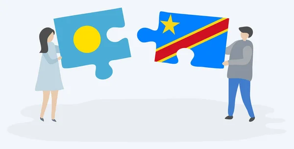 Pareja Sosteniendo Dos Piezas Rompecabezas Con Banderas Palao Congoleño Palaos — Archivo Imágenes Vectoriales