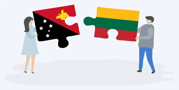 Pareja Sosteniendo Dos Piezas Rompecabezas Con Banderas Papúa Lituania Papua — Vector de stock