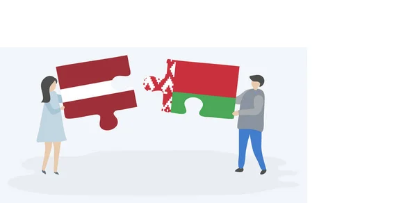 Paar Mit Zwei Puzzleteilen Mit Lettischen Und Weißrussischen Flaggen Lettland — Stockvektor