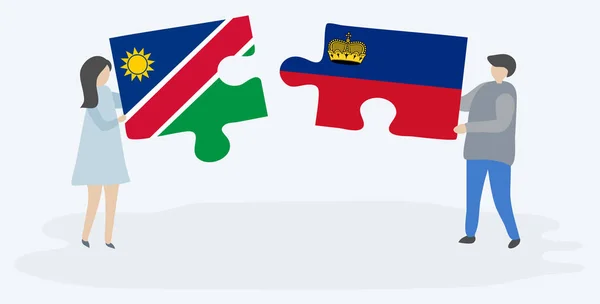 Casal Segurando Duas Peças Quebra Cabeças Com Bandeiras Namíbia Liechtenstein —  Vetores de Stock