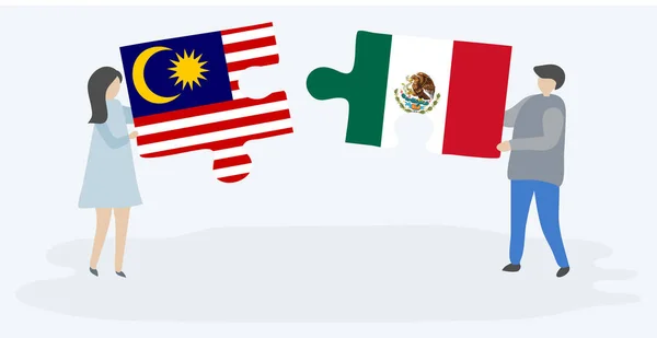 Pareja Sosteniendo Dos Piezas Rompecabezas Con Banderas Malasia México Malasia — Archivo Imágenes Vectoriales