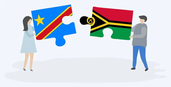 Couple Tenant Deux Pièces Puzzles Avec Des Drapeaux Congolais Vanuatuans — Image vectorielle