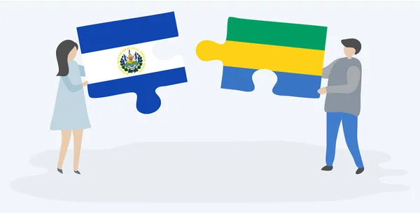 Para Trzyma Dwa Kawałki Puzzli Salwador Gabonese Flagi Salwador Gabon — Wektor stockowy