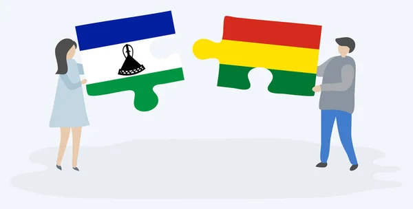 Casal Segurando Duas Peças Quebra Cabeças Com Bandeiras Basotho Bolivianas — Vetor de Stock
